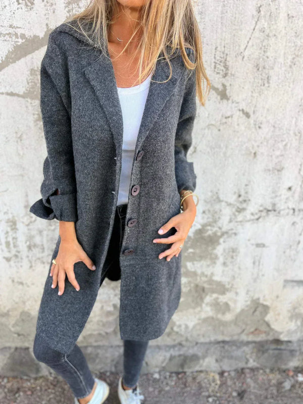 Aveline - Single Breasted Casual Wool Coat with Lapels